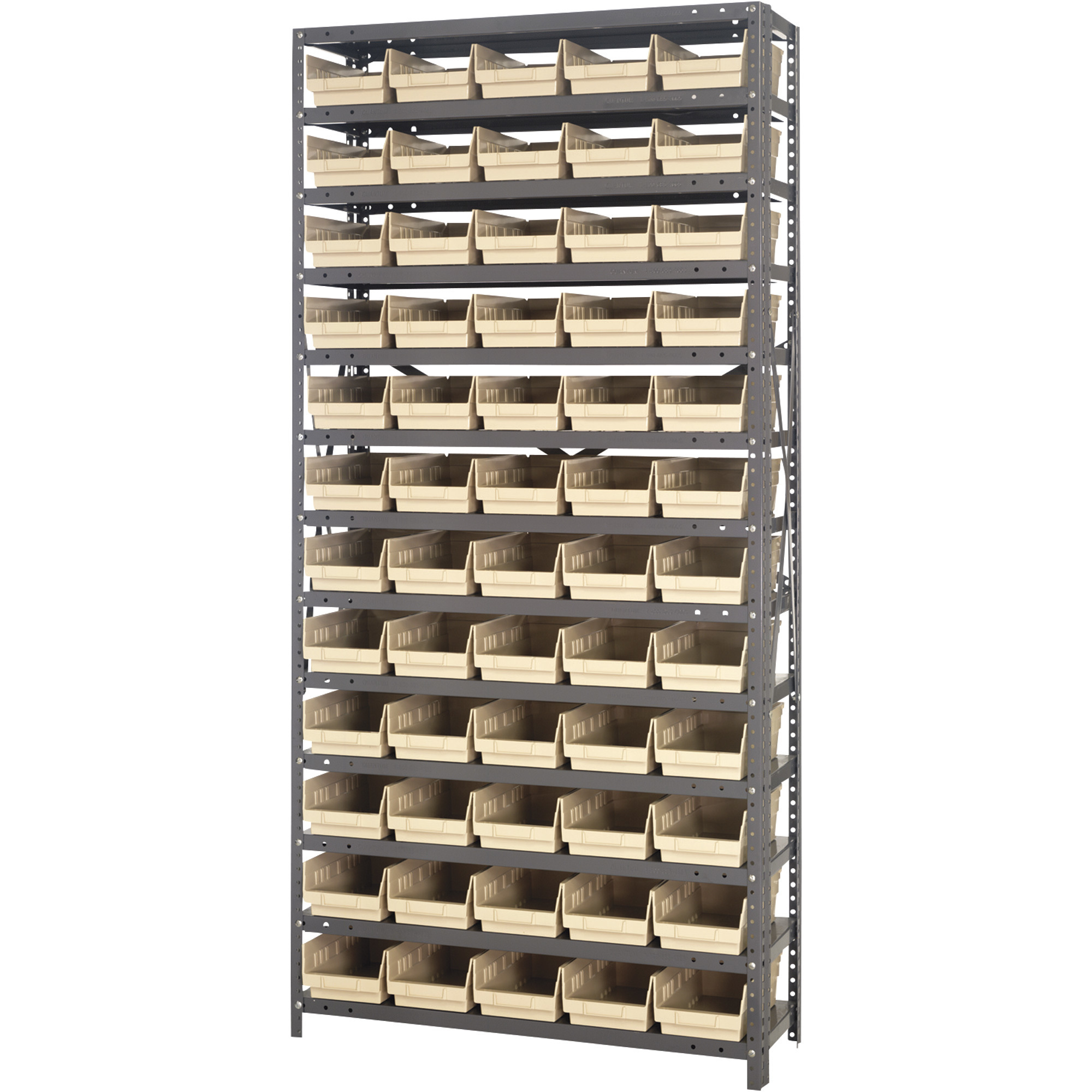 Quantum Storage Single Side Metal Shelving Unit With 60 Bins 12in X 36in X 75in Rack Size